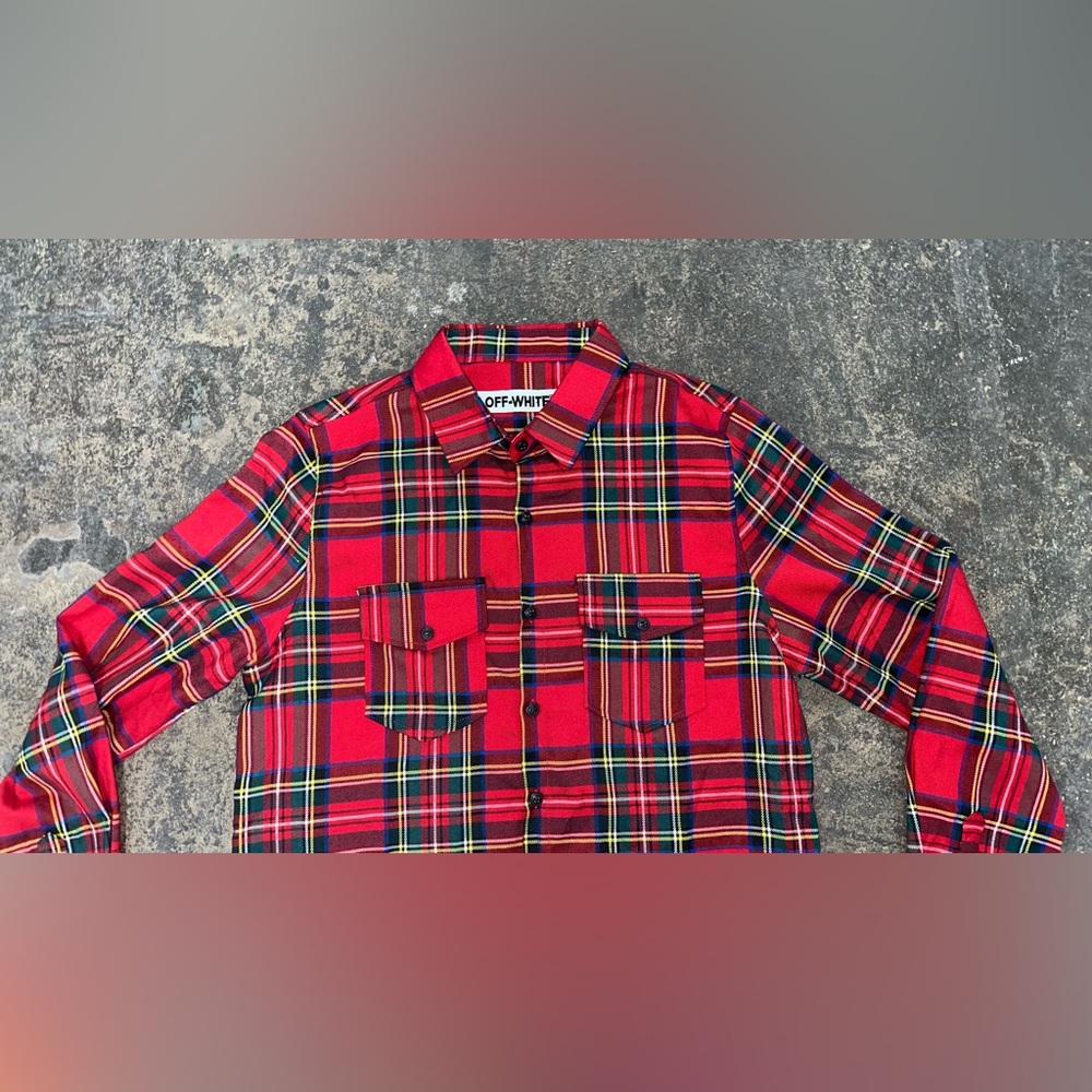 Off-White Red Tartan Plaid Button-Down Shirt with White Graphic Back - Picture 5 of 15